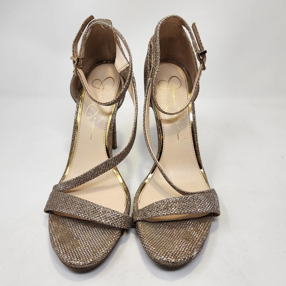 Jessica Simpson Gold Glitter Stiletto Ankle Strap Heels Size 10 M Open Toe - Picture 2 of 10